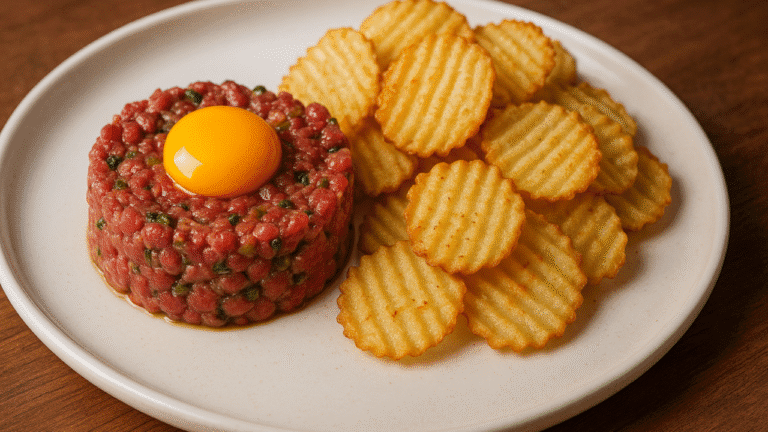 Aprenda um delicioso Steak Tartare com batatas onduladas fritas na gordura de pato 🥩😋