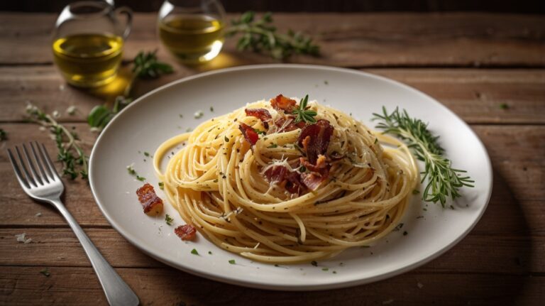 Receita simples e fácil Macarrão ao alho e óleo com bacon e ervas finas 🍝