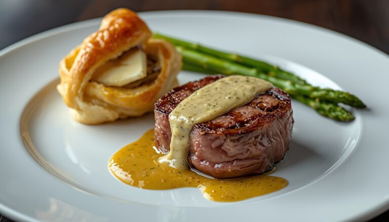 🥩 Aprenda a Fazer Medalhão de Filé Mignon ao Molho de 3 Mostardas com Folhado de Aspargos e Brie